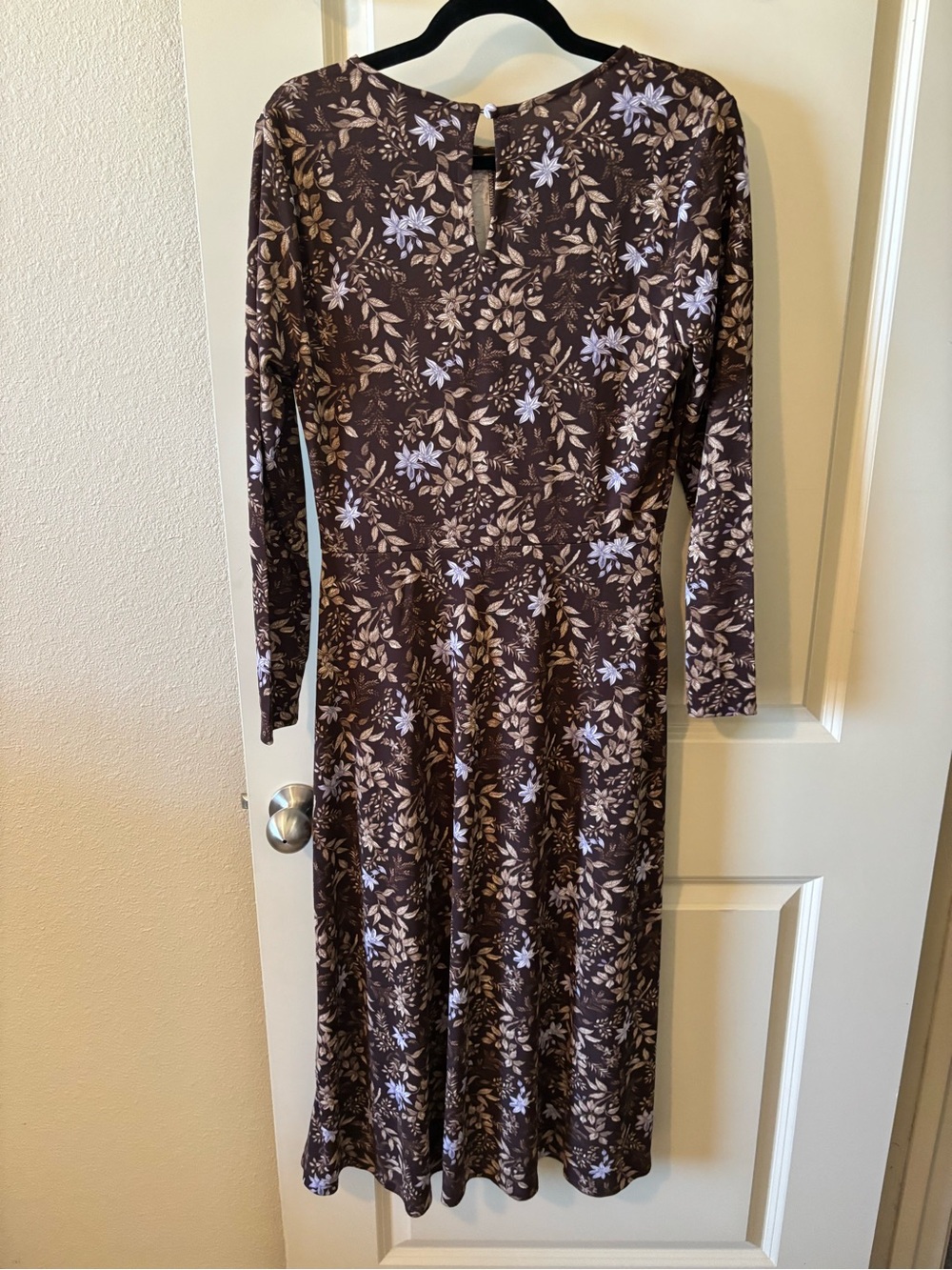 LOFT Brown Floral Long-Sleeve A-Line Dress Large Petite Fall Cottagecore - Picture 8 of 10